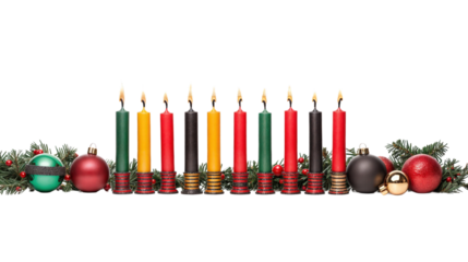 Kwanzaa candles with green, red, and black Christmas ornaments and festive greenery isolated on transparent background

