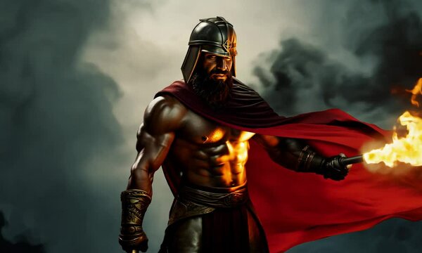spartan warrior holding fiery torch with billowing black smoke Seamless looping 4k time-lapse virtual video animation background