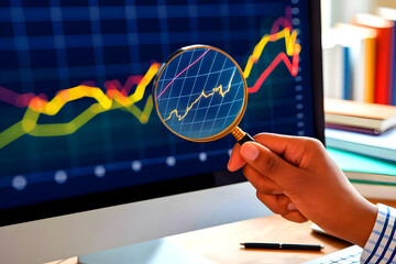 picture of a magnifying glass resting over a graph-displaying computer screen.