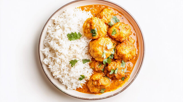 Kadhi pakora served with plain rice top view