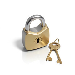 A metal padlock with a keyhole, on a white background