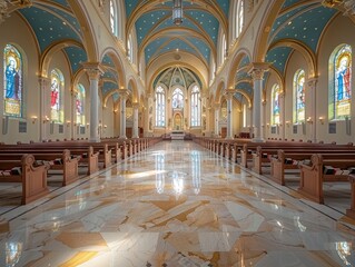 Obraz premium This photograph captures the stunning interior of a grand cathedral featuring intricate architectural designs, beautiful stained-glass windows, and a polished marble floor