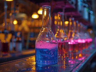 A highly detailed scene of a laboratory with various beakers filled with brightly colored fluorescent liquids illuminated by ambient golden lighting