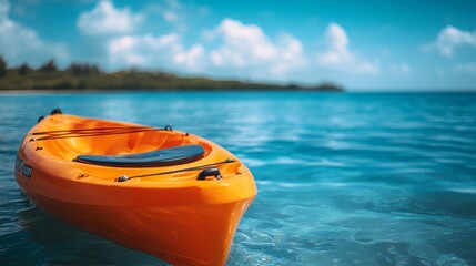 Close-up of a bright orange kayak on a roof rack, against a backdrop of serene blue waters and clear skies, capturing the essence of outdoor adventure