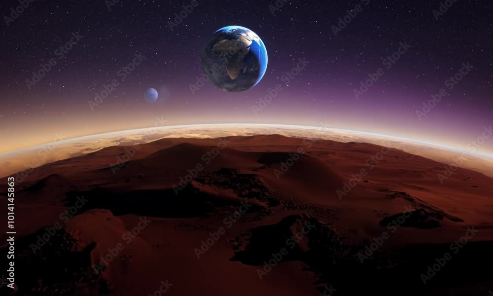 Poster deep red surface of mars at dusk with a distant view of earth. video