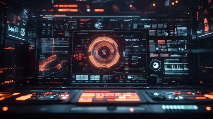 Fototapeta premium Cutting-edge AI interface with a dynamic visualization of data-driven decisions and real-time global analytics, glowing in a futuristic digital atmosphere