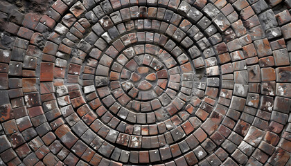 Fototapeta premium An intricate circular pattern of stone tiles showcasing a rich array of browns and grays, creating a textured and artistic floor design.