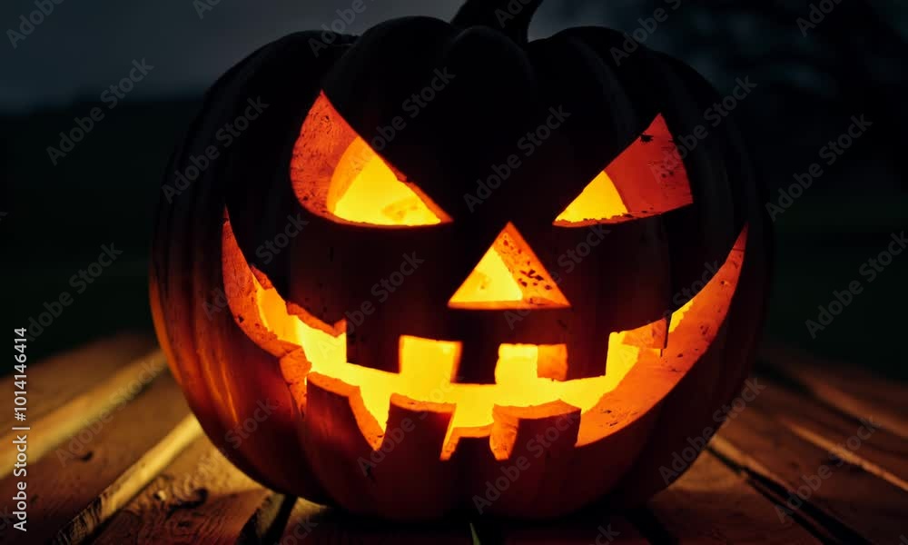 Poster pumpkin with a scary face is lit up in the dark. the pumpkin has a menacing look on its face, and it