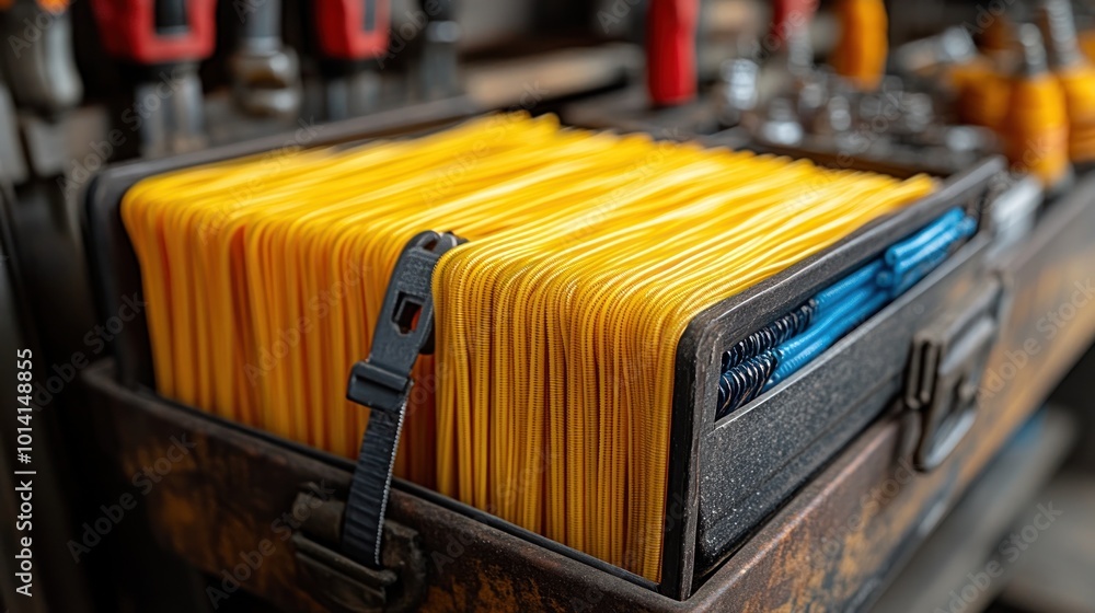 Poster a box filled with organized yellow files and tools in a workshop.