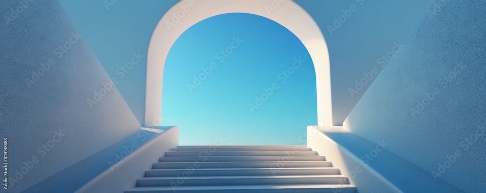 Poster White stairs leading to blue sky through an archway. Minimalistic architecture and sky concept