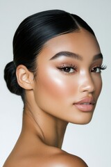 Naklejka premium A stunning portrait of a woman showcasing flawless skin and elegant makeup. The image captures beauty and sophistication. Perfect for fashion and beauty themes. AI