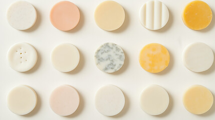 Obraz premium a background of various solid soaps arranged symmetrical with soft shadow effects, creating a sense of depth, on a soft white background