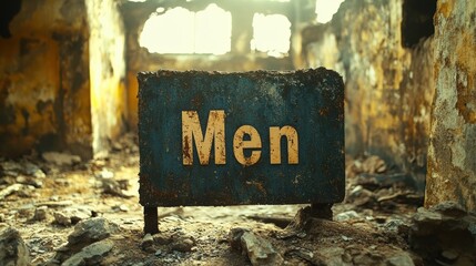 Aged and dilapidated men's restroom sign amidst a decaying and crumbling environment evokes a strong sense of abandonment and neglect