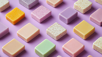 Fototapeta premium a background of various solid soaps arranged symmetrical with soft shadow effects, creating a sense of depth, on a soft purple background