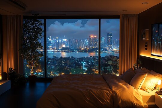 A bedroom with a bed, pillows, and nightstand with a lamp. The room has a large window with a view of a city skyline at night.