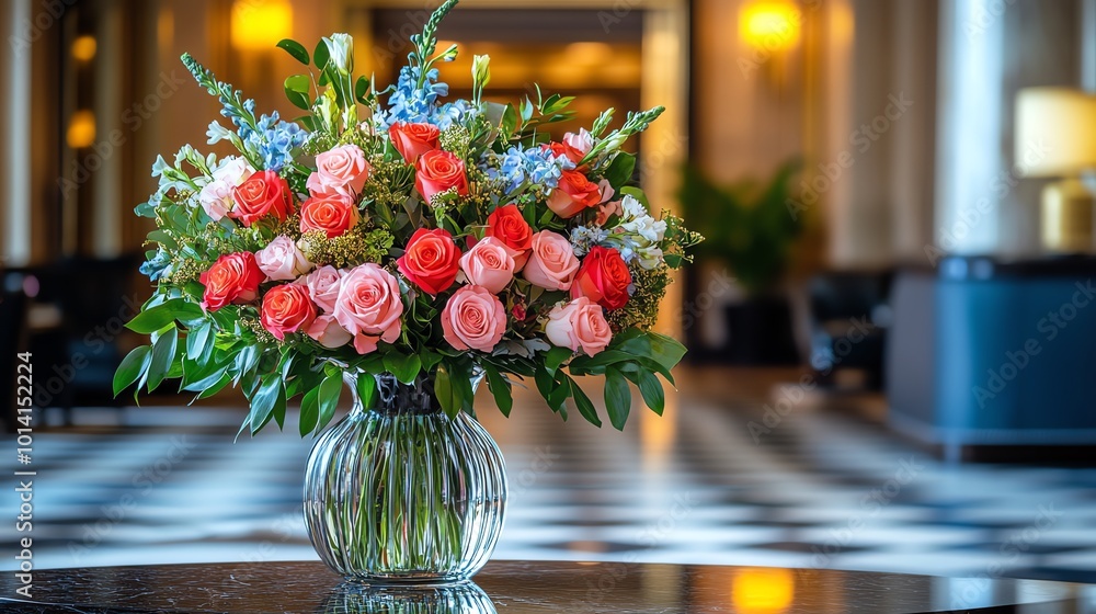 Poster a bouquet of pink and red roses in a glass vase sits on a table in a lobby.