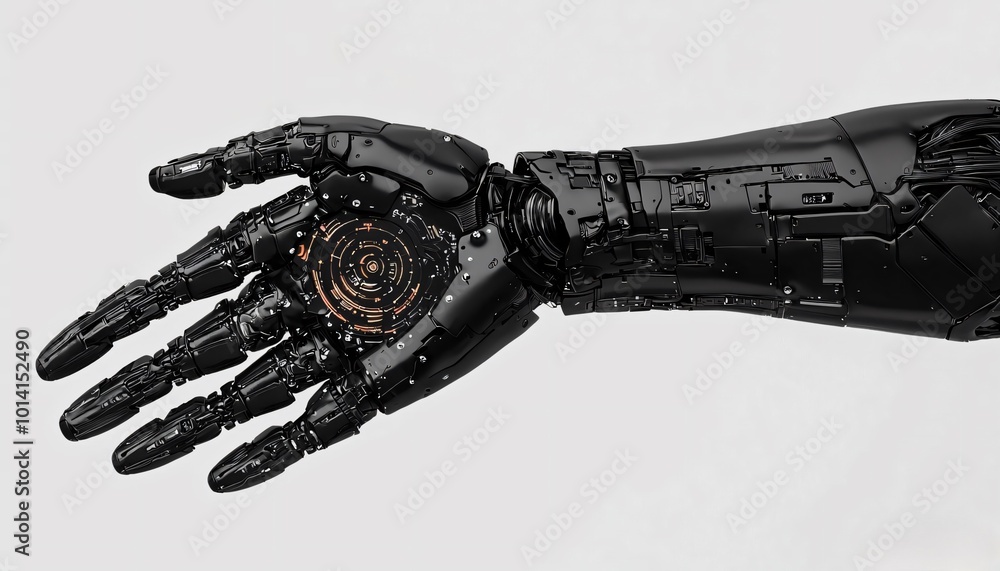 Poster futuristic robotic hand showcasing intricate technology and design, symbolizing advancements in arti