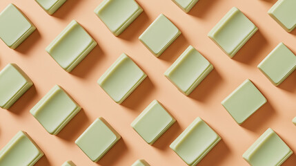 a seamless pattern of various pastel green solid soaps arranged sophisticated diagonal arrangement with soft shadow effects, creating a sense of depth, on a soft peachy background with shadows