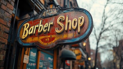 A vintage, rustic barber shop sign hangs prominently outside an establishment on a quaint street, evoking a nostalgic atmosphere from a bygone era