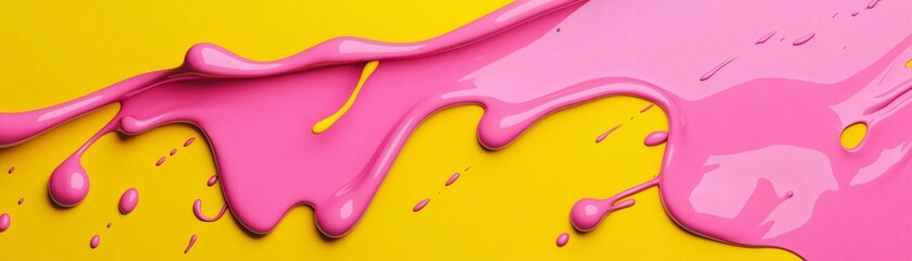 Naklejka premium Vibrant pink paint flows over a bright yellow background, creating a playful and artistic visual effect.