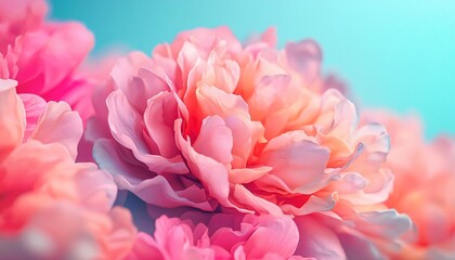 Obraz premium A close-up view of delicate pink flowers, showcasing their intricate petals and soft textures against a serene blue background.