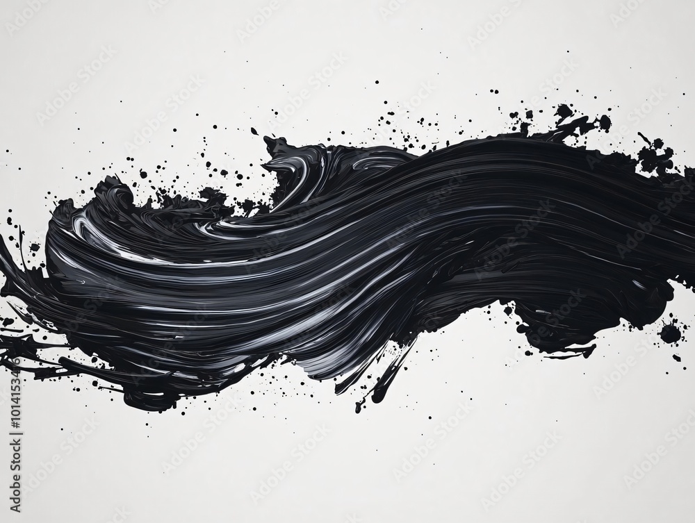 Poster a dynamic wave of black paint, showcasing texture and movement against a light background, ideal for