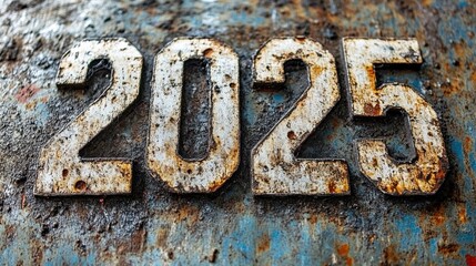 The weathered and rusted metallic surface of an industrial sign with the bold, distressed white numeric marking 2025 on it