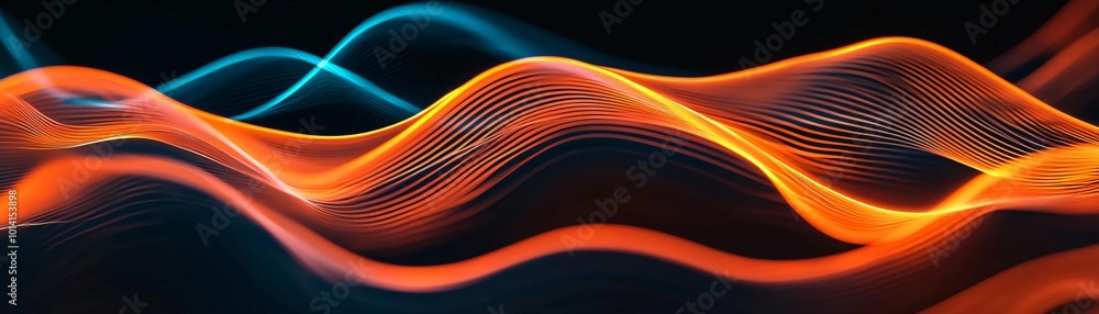 Poster a vibrant abstract wave pattern in striking orange and blue tones, creating a dynamic and modern vis