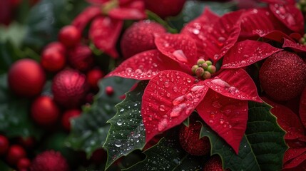A close-up image of vibrant red poinsettia flowers adorned with fresh morning dew, surrounded by festive red ornaments, capturing the essence of holiday spirit and nature's beauty