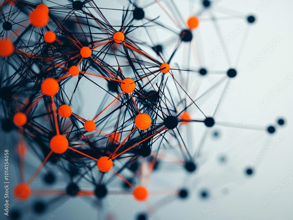 Poster abstract network structure with interconnected nodes and vibrant orange accents, symbolizing connect