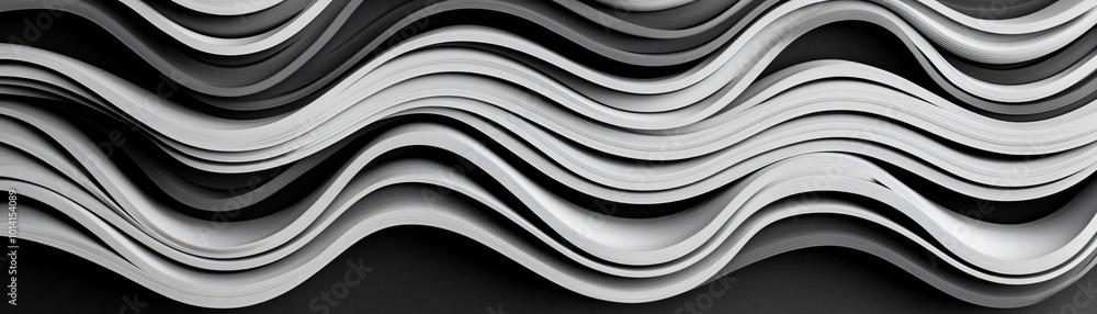 Poster abstract pattern of curved lines in black and white, creating a dynamic visual effect and adding dep