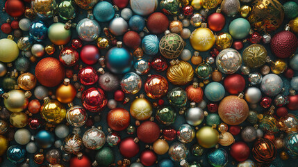 Vibrant Christmas Ornaments: Captivating Overhead Shot of Colorful Balls in Various Shapes and Patterns, Shiny Metallic Finishes, Rich Colors Against Soft Neutral Background, Holiday Cheer.