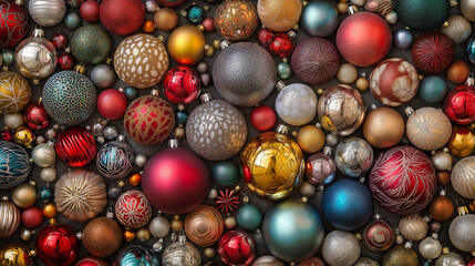 Vibrant Christmas Ornaments: Captivating Overhead Shot of Colorful Balls in Various Shapes and Patterns, Shiny Metallic Finishes, Rich Colors Against Soft Neutral Background, Holiday Cheer.