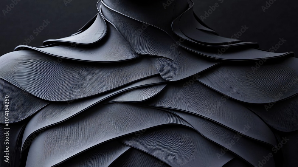 Poster close-up of an elegant black layered design showcasing unique textures and intricate patterns, perfe