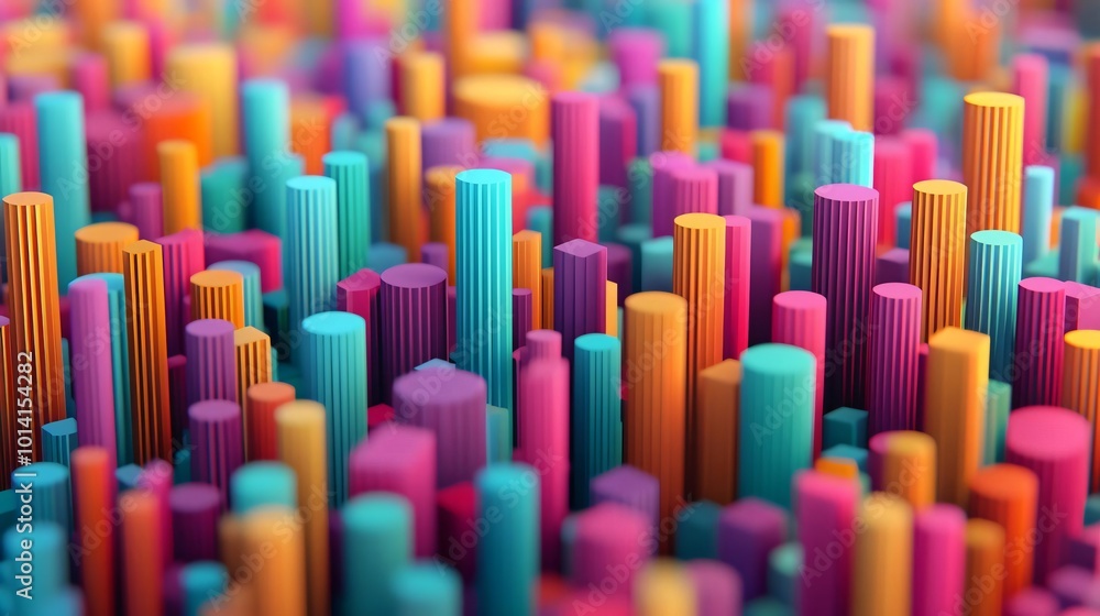 Poster colorful abstract pattern of cylindrical shapes creating a vibrant and dynamic visual landscape, per