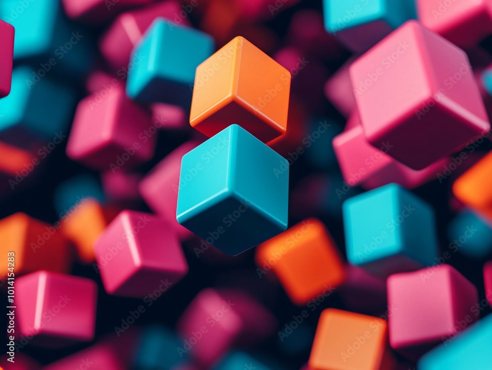 Poster colorful 3d cubes in various sizes create a vibrant, dynamic scene, perfect for backgrounds or desig
