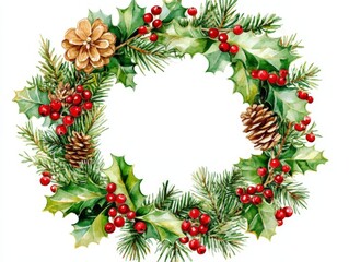Christmas Wreath with Holly and Pine Cones.