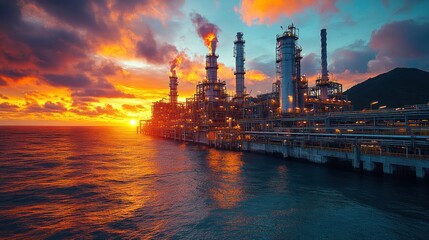 Obraz premium Industrial facility at sunset with flares and ocean view.