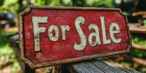A rustic wooden For Sale sign with bold, vintage lettering displayed outdoors on a weathered wood surface, indicating the sale of an item or property