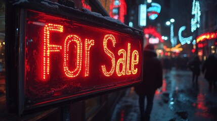 A brightly illuminated red For Sale sign in a lively and bustling urban night scene with blurred neon lights and pedestrians in the background