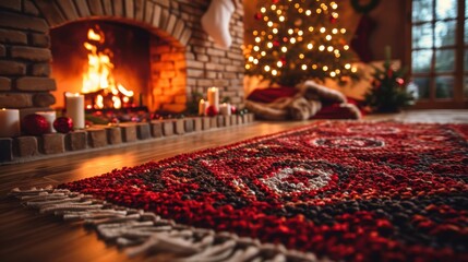 Obraz premium Cozy living room scene with a warm fireplace, beautifully decorated Christmas tree, festive red rug, and ambient holiday lighting, capturing the essence of holiday warmth and comfort