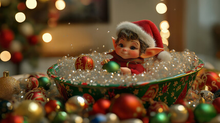 Whimsical Christmas Elf: Cheerful Scene of Elf Bathing in Tub Filled with Colorful Ornaments, Shiny Red, Green, and Gold Balls, Holiday Decorations, Bubbles, Twinkling Fairy Lights, Holiday Spirit