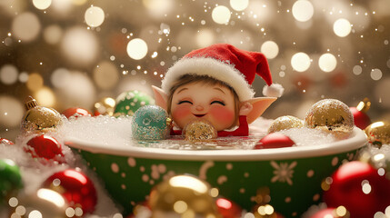 Whimsical Christmas Elf: Cheerful Scene of Elf Bathing in Tub Filled with Colorful Ornaments, Shiny Red, Green, and Gold Balls, Holiday Decorations, Bubbles, Twinkling Fairy Lights, Holiday Spirit