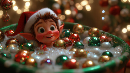 Whimsical Christmas Elf: Cheerful Scene of Elf Bathing in Tub Filled with Colorful Ornaments, Shiny Red, Green, and Gold Balls, Holiday Decorations, Bubbles, Twinkling Fairy Lights, Holiday Spirit
