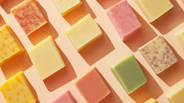 top down view, a digitally created high-quality photograph of smooth-edged, rectangular solid soaps arranged in a perfectly neat and orderly fashion on a soft light peach background