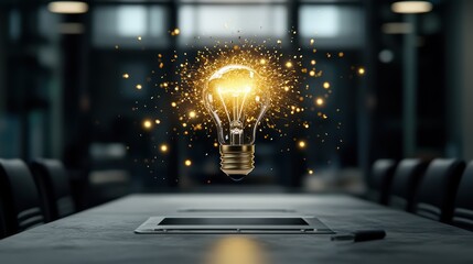 A floating light bulb illuminating a modern workspace, symbolizing creativity and inspiration. Sparkles surround the bulb, creating a magical effect.
