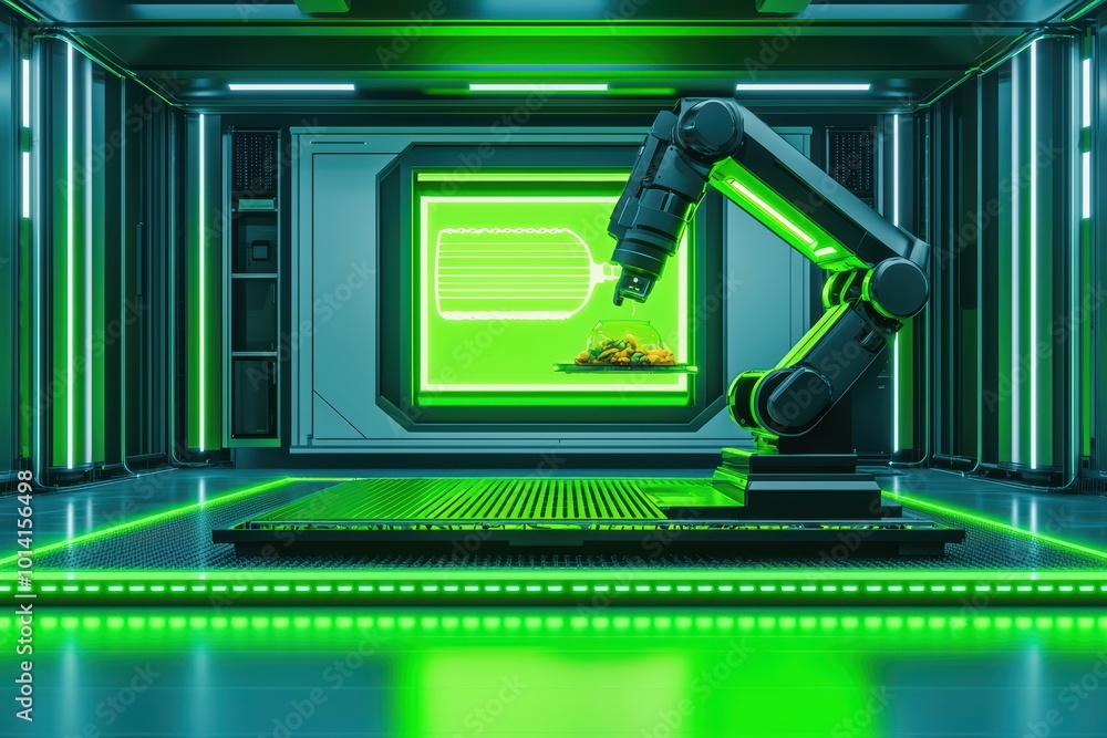 Poster a futuristic robotic arm in a green-lit environment, demonstrating automation and advanced technolog