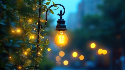 A warmly lit vintage streetlamp glowing amidst a lush, leafy urban setting with blurred lights and greenery in the background on a serene evening