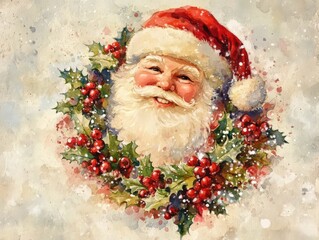 Smiling Santa Claus with a Holly Wreath.