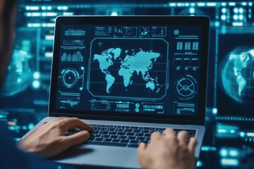 A person using a laptop with a digital world map on the screen, surrounded by advanced technology graphics and data visualizations.